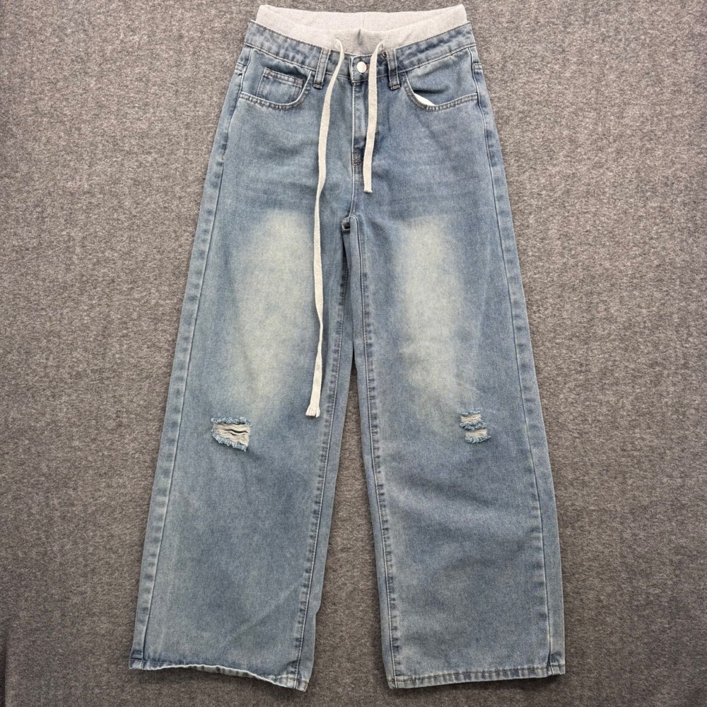 SHEIN Girls Wide Leg Distressed Denim Jeans Light Wash Drawstring Waist Size 14Y - Picture 1 of 10